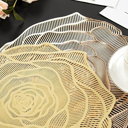 Gold Placemats Pressed Vinyl Round Placemats Set of 6 Pretty Rose Shape - M&M