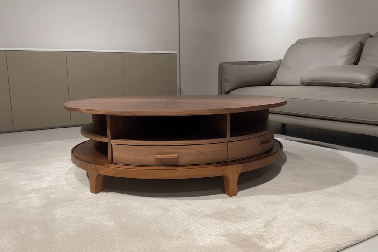 Round Walnut Coffee Table with Open Shelves & Drawers | طاولة قهوة دائرية بخشب الجوز مع رفوف مفتوحة وأدراج - M&M