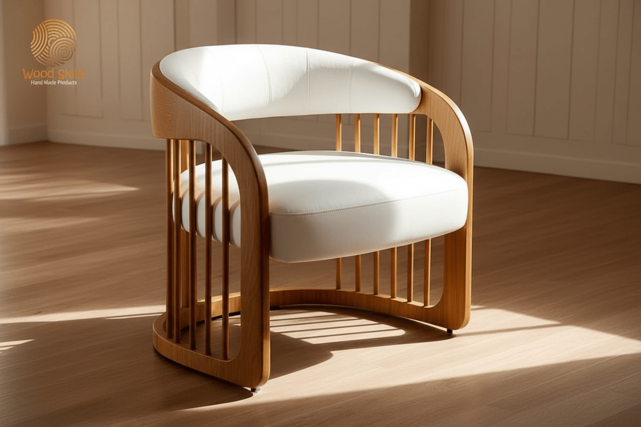 Barrel Spindle Accent Chair – Handcrafted Oak & White Upholstery | كرسي برميل منحوت – خشب بلوط وتنجيد أبيض مصنوع يدوياً - M&M