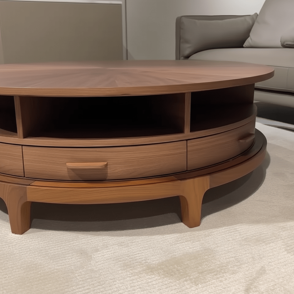 Round Walnut Coffee Table with Open Shelves & Drawers | طاولة قهوة دائرية بخشب الجوز مع رفوف مفتوحة وأدراج - M&M
