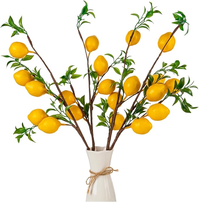 4Pcs Artificial Lemons Branch, Vivid Yellow Fake Lemons Branch with Green - M&M