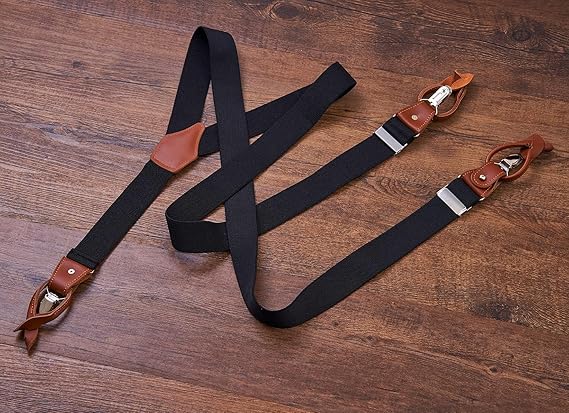 Mens Suspenders, Brown Leather Button Tab and Clip Braces, Heavy Duty - M&M