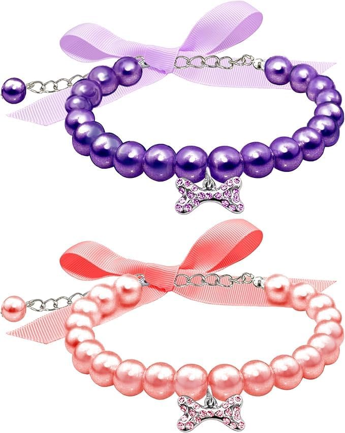 2 Pcs Dog Cat Pearl Collar Necklace with Rhinestone Bone - M&M