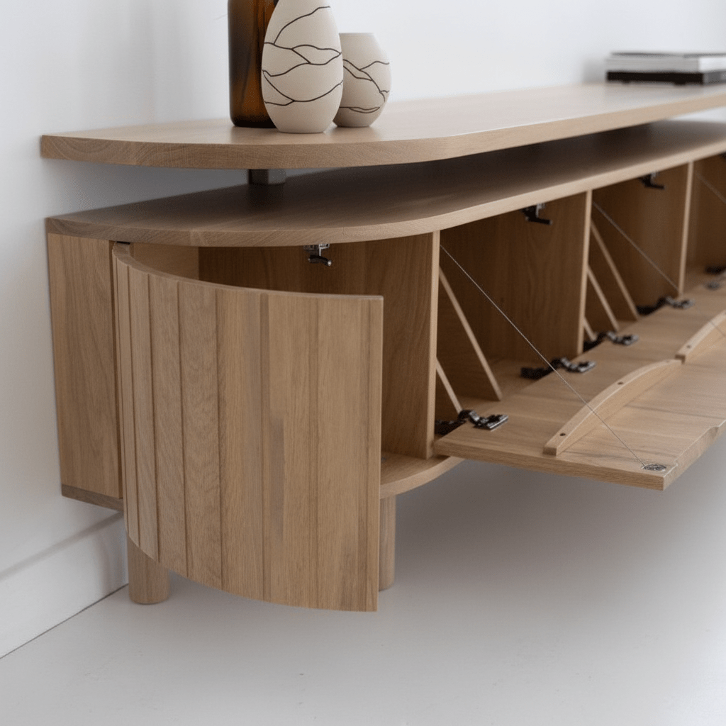 Floating Wall - Mounted Shoe Cabinet – Oak with Curved Fluted Doors | خزانة أحذية عائمة على الجدار – خشب البلوط مع أبواب مخدّدة منحنية - M&M