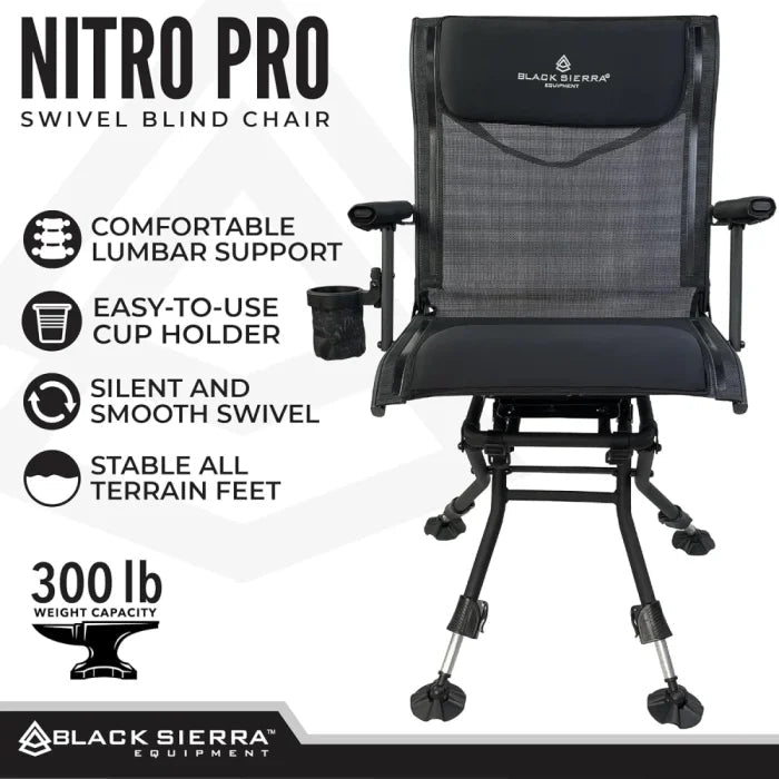 Black Sierra Nitro Pro XL 360° Silent Swivel Hunting & Fishing Chair – Padded, 300 Lbs Capacity, Armrests, Adjustable Legs, Cupholder & Carry Strap | UAE - M&M