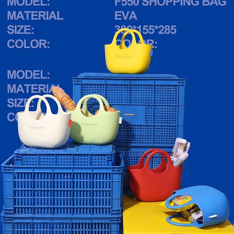 Fungoofun Classic Washable Rubber Tote Beach Bag for Women - Durable Waterproof EVA Material Travel Handbag, Sandproof and Easy to Clean with Non - Slip Bottom in Clean White - M&M