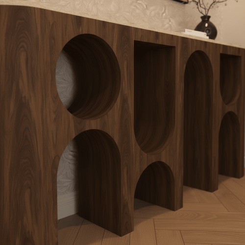 Arco Console Table – Sculptural Walnut & Travertine | طاولة أركو – جوز نحتي وترافيرتين - M&M
