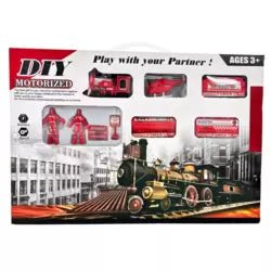 DIY Motorized SOS Fire Rescue Toy Train Playset with Fireman and Helicopter – Red - M&M
