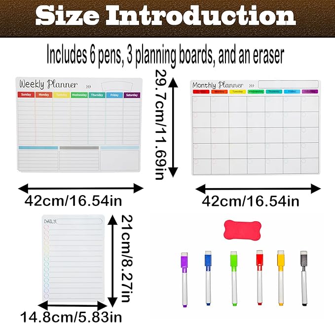 3 - Pack Magnetic Monthly, Weekly & Daily Planners Dry Erase Calendar Set for - M&M