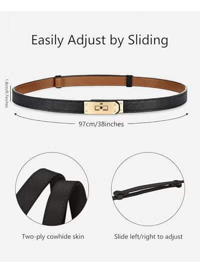 Women's Skinny Leather Belt with Adjustable Silver Turn-Lock Buckle
